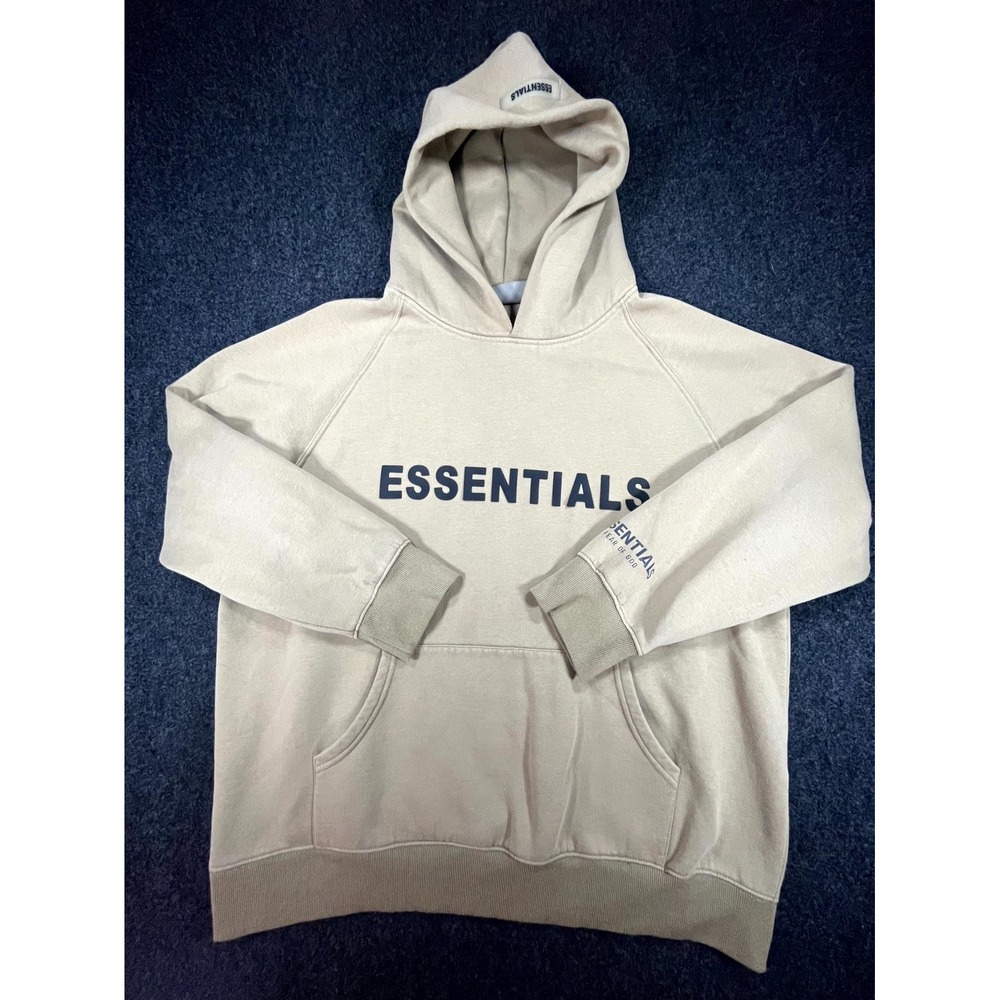 Fear of God Essentials Hoodie Men L Beige Loose Letter Logo Long Sleeve Pullover